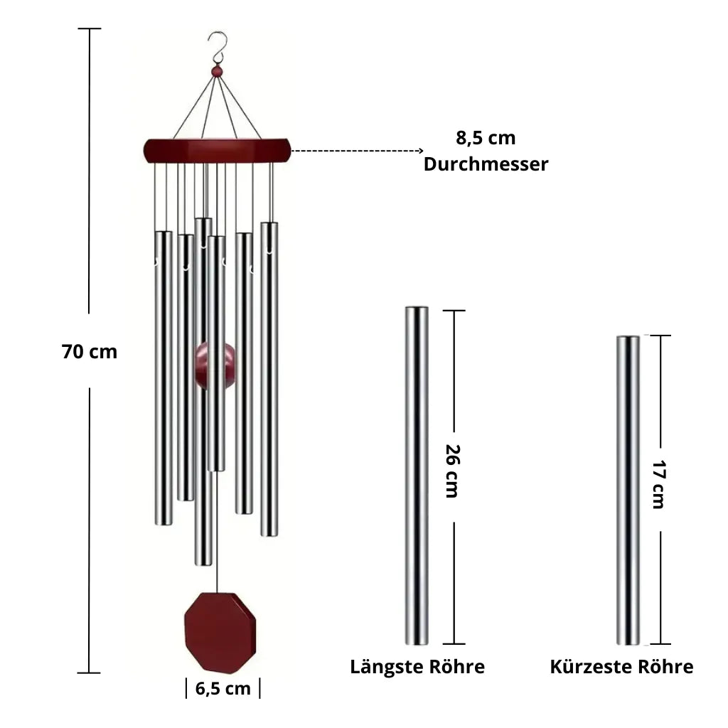 Technische Zeichnung des Windspiels mit Maßen: 70 cm Länge, 8,5 cm Durchmesser, Röhrenlängen.