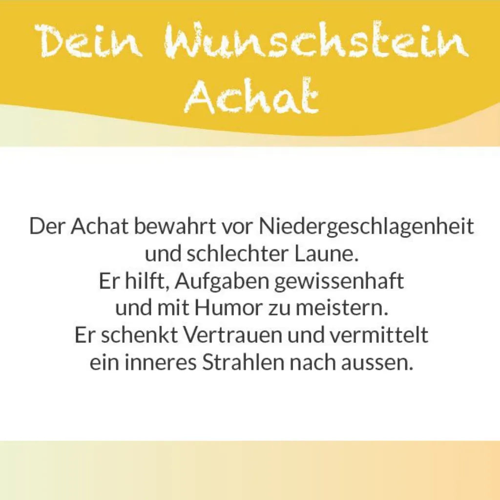 Textkarte zum Achat Wunschstein: "Der Achat bewahrt vor Niedergeschlagenheit und schlechter Laune." Bedeutung.