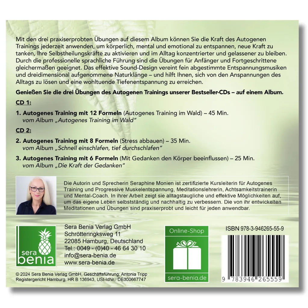 Autogenes Training Album Rückseite: Seraphine Monien. 3 Übungen für Gesundheit, Stressreduktion, Konzentration & Selbstheilung.