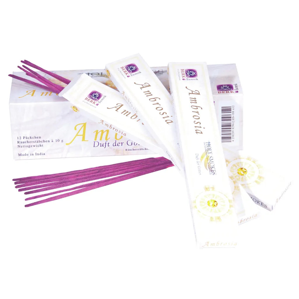 Großpackung BERK Holy Smokes Ambrosia Räucherstäbchen, 12 Päckchen à 10g, mit einzelnen violetten Stäbchen.
