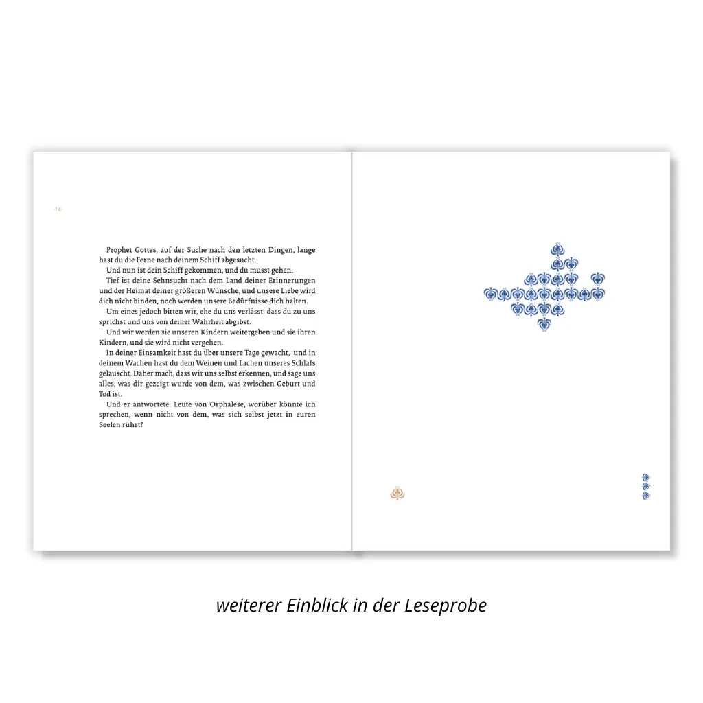 Khalil Gibran Der Prophet Buchseiten: Leseprobe mit Text und dekorativen Elementen. Spirituelle Weisheit.