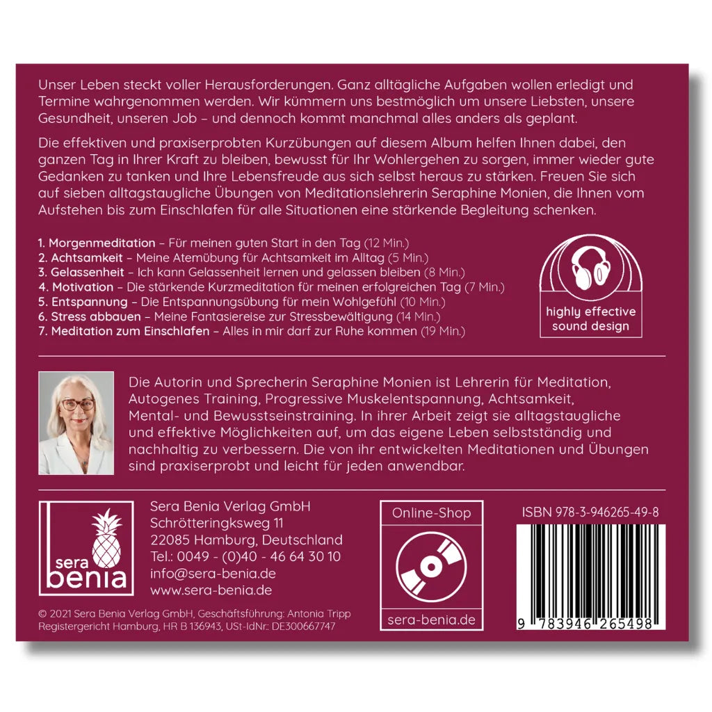 Gut begleitet durch den Tag Album Rückseite: 7 Übungen für Entspannung, Stressabbau & innere Ruhe im Alltag.