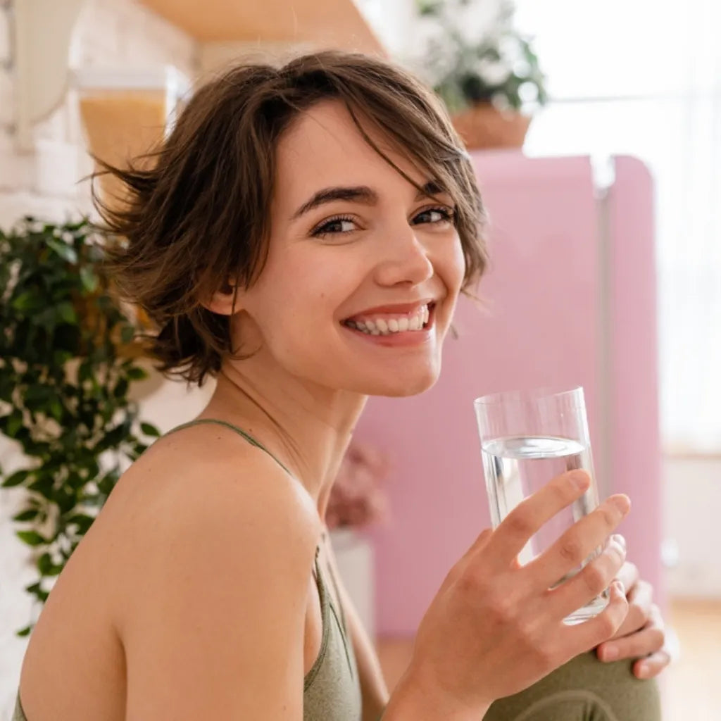 Frau lächelt entspannt mit Wasserglas, symbolisiert Wohlbefinden & Frische durch tägliche Meditation.