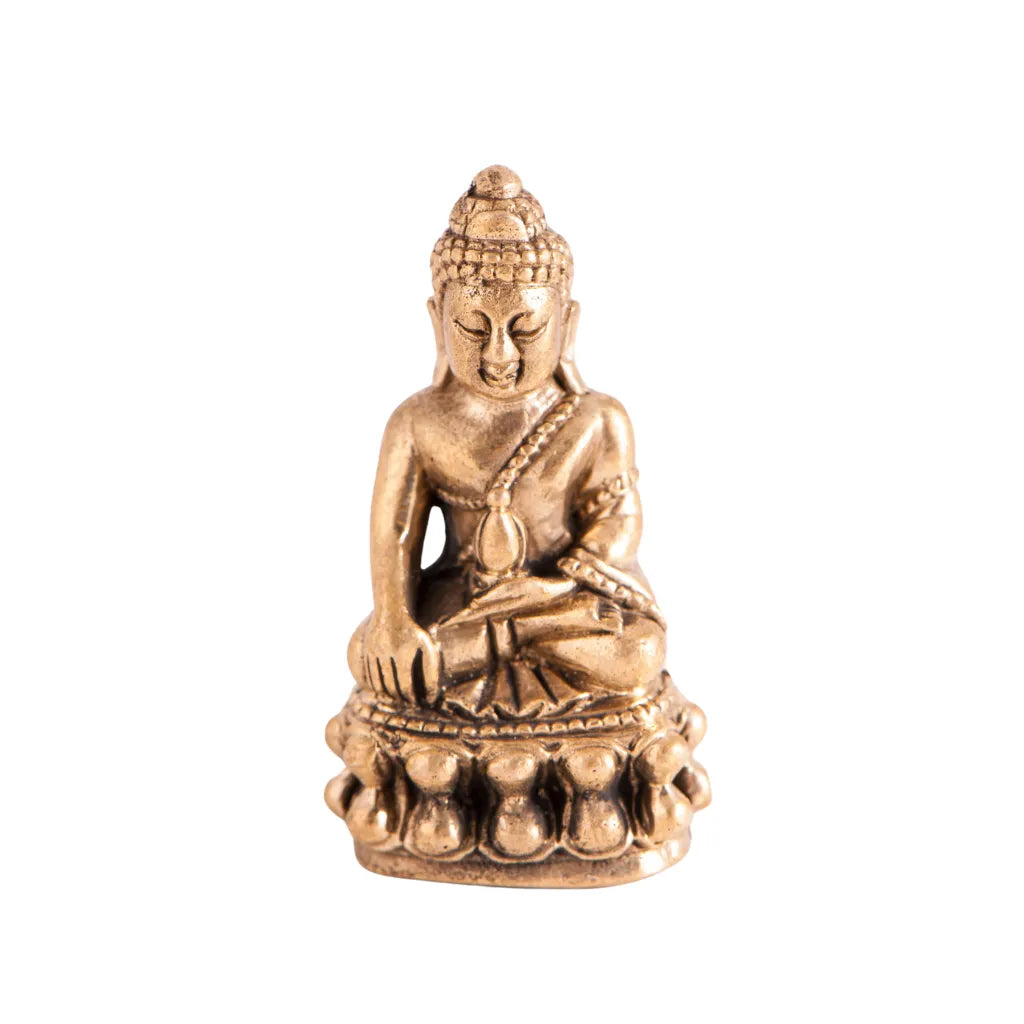 Goldfarbene Miniatur Medizinbuddha Figur aus Messing, sitzend, für Heilung, inneren Frieden und positive Energie.