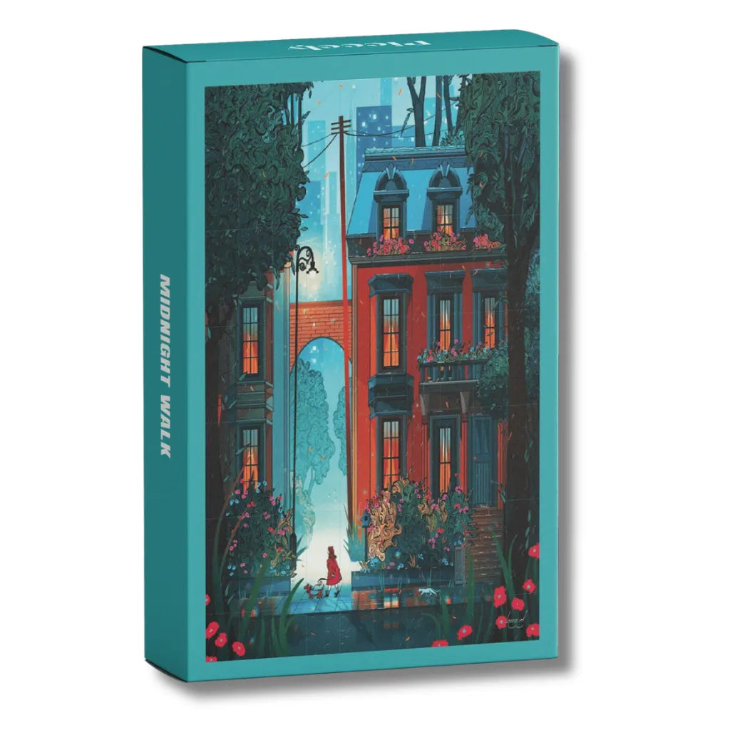 Piecely Minipuzzle 99 Teile "Midnight Walk" Produktverpackung. Zeigt ein stimmungsvolles Nachtmotiv mit beleuchtetem Haus, Bäumen und einer Person auf der Straße.