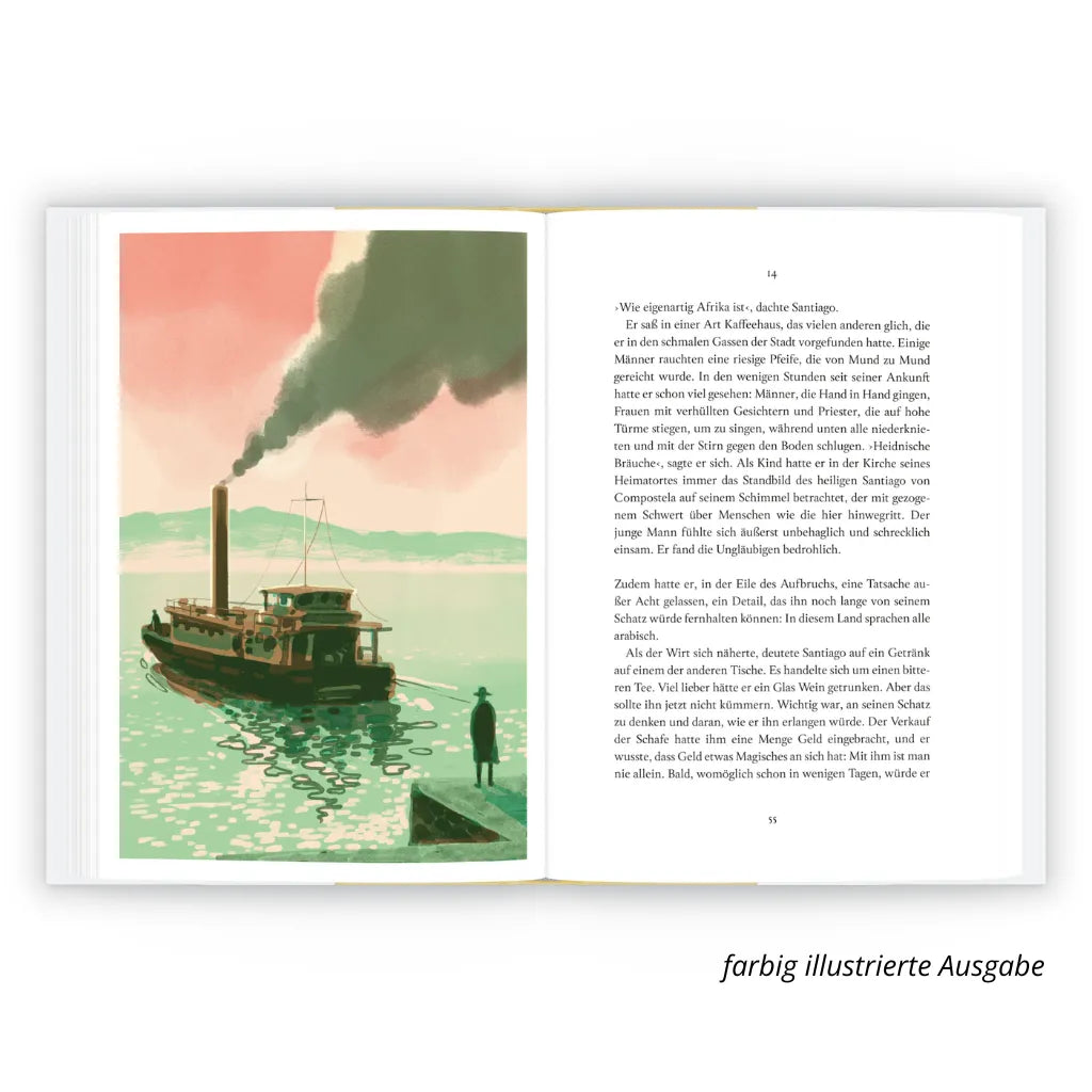 Paulo Coelho Der Alchimist Leseprobe: Farbige Illustration, Boot auf Meer.