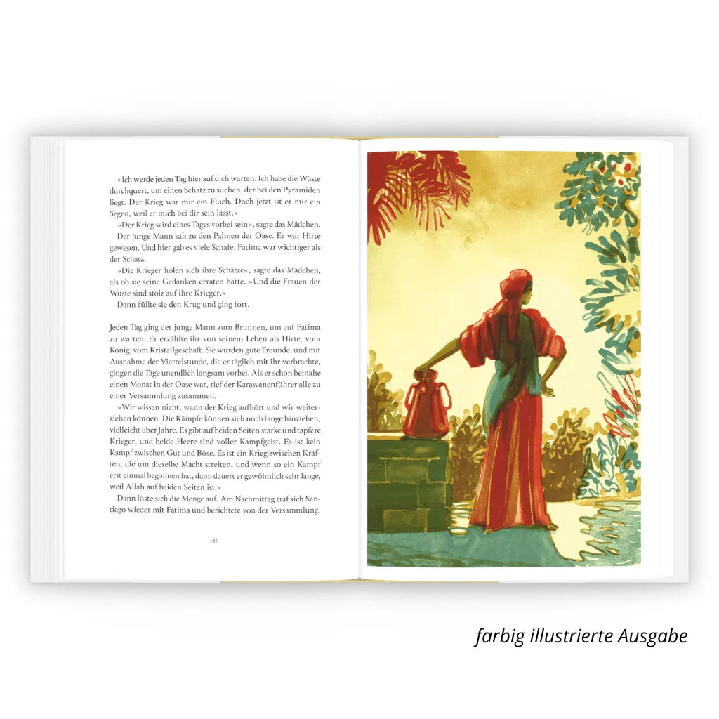 Paulo Coelho Der Alchimist Leseprobe: Farbige Illustration, Frau in Wüste.