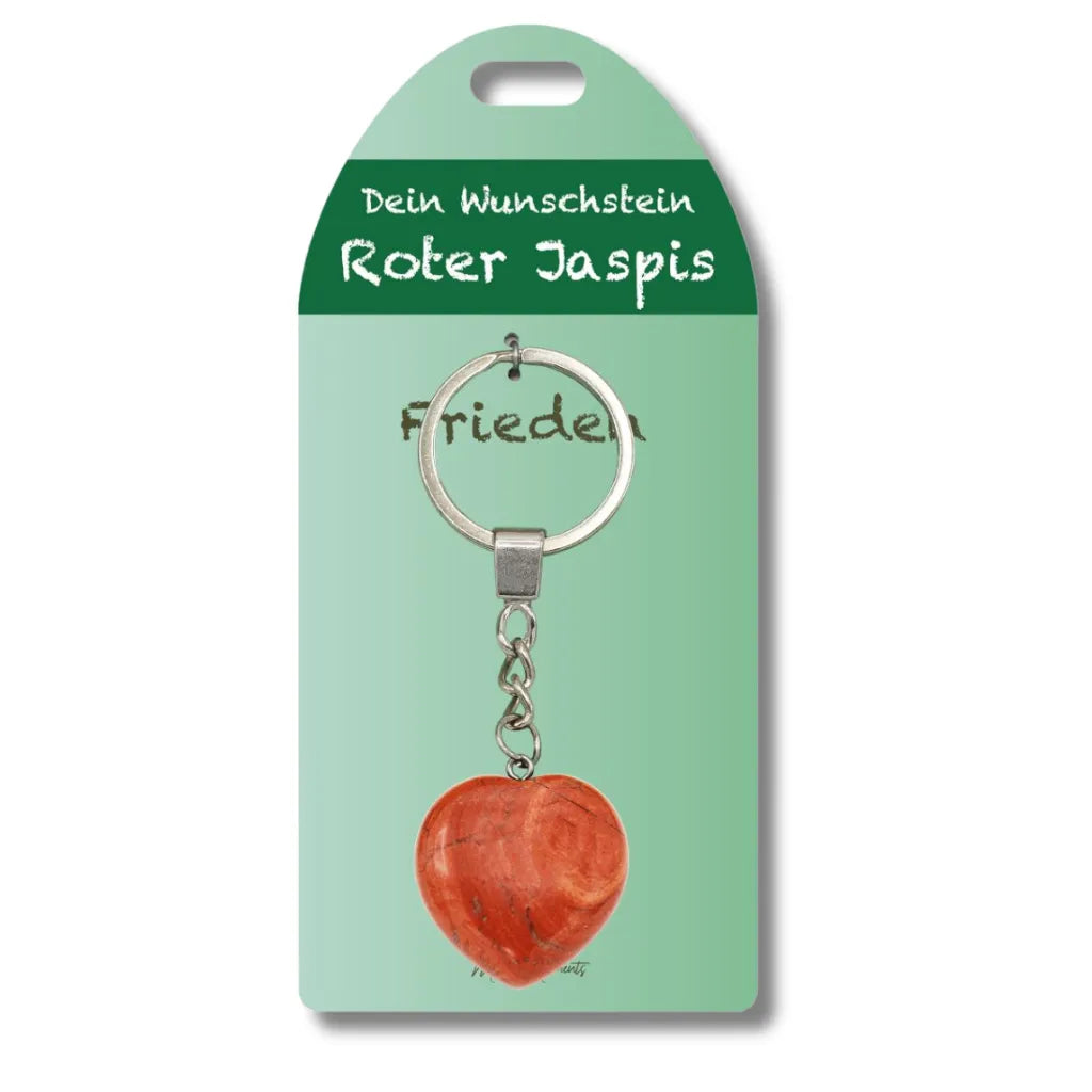 Roter Jaspis Herz Schlüsselanhänger auf Karte für Frieden. Kraftvoller Edelstein Glücksbringer.