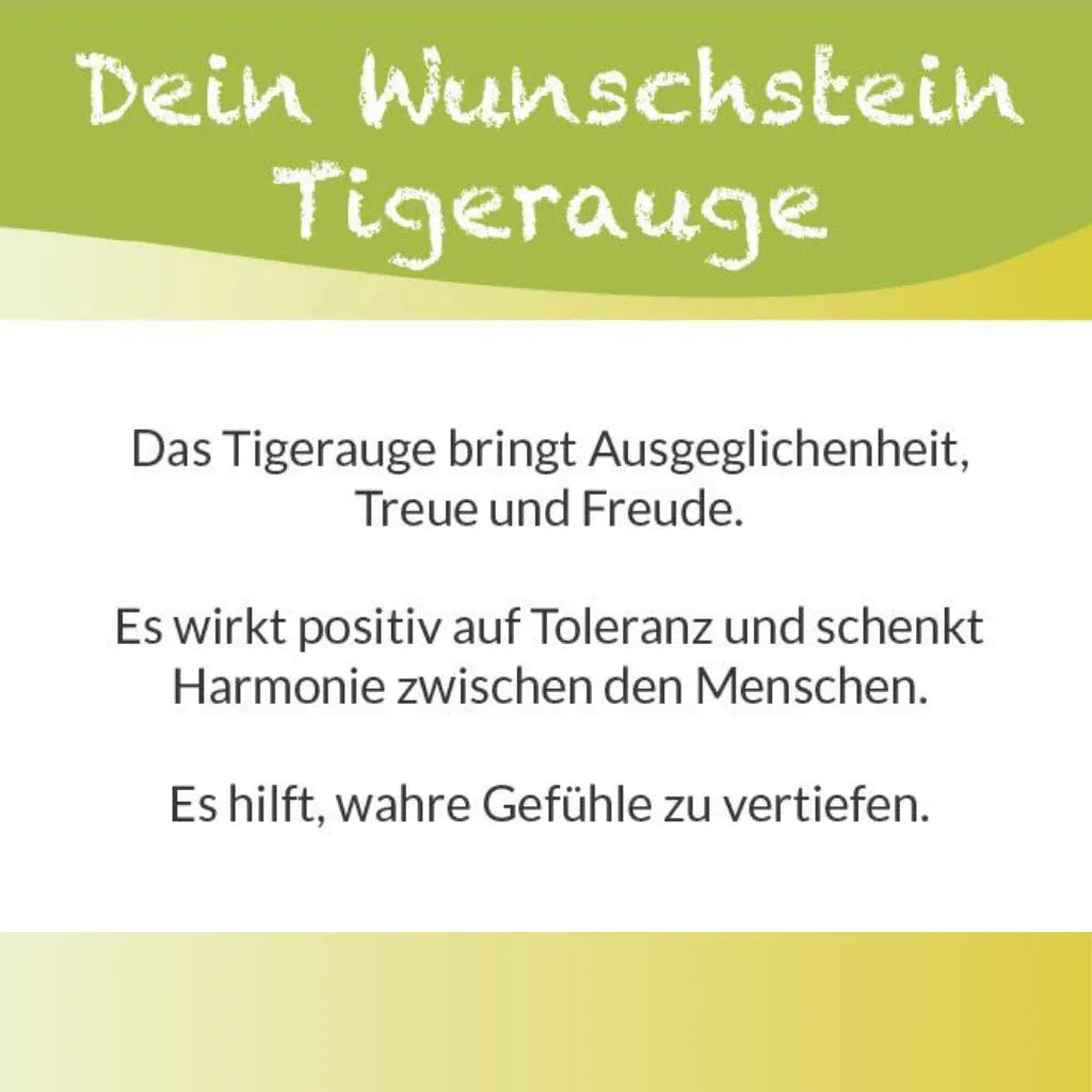 Textkarte zum Tigerauge Wunschstein: "Das Tigerauge bringt Ausgeglichenheit, Treue und Freude." Bedeutung.