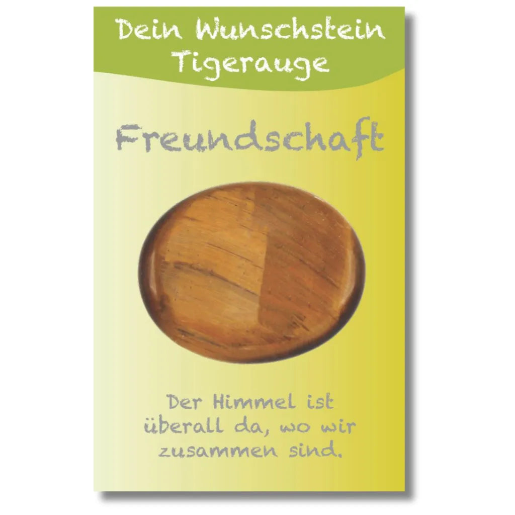 Braunes Tigerauge als Wunschstein für Freundschaft auf Karte, mit Spruch "Der Himmel ist überall da...".