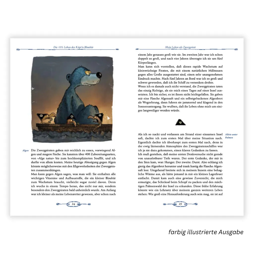 Walter Moers Käpt'n Blaubär Leseprobe: Farbige Illustration, Blaubär mit Zwergpiraten.
