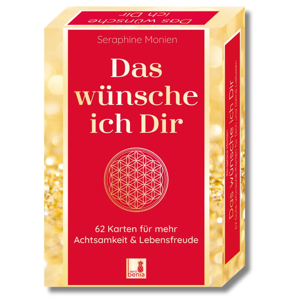 Vorderseite des Kartensets 'Das wünsche ich Dir' von Seraphine Monien, rot-goldenes Design, Blume des Lebens.