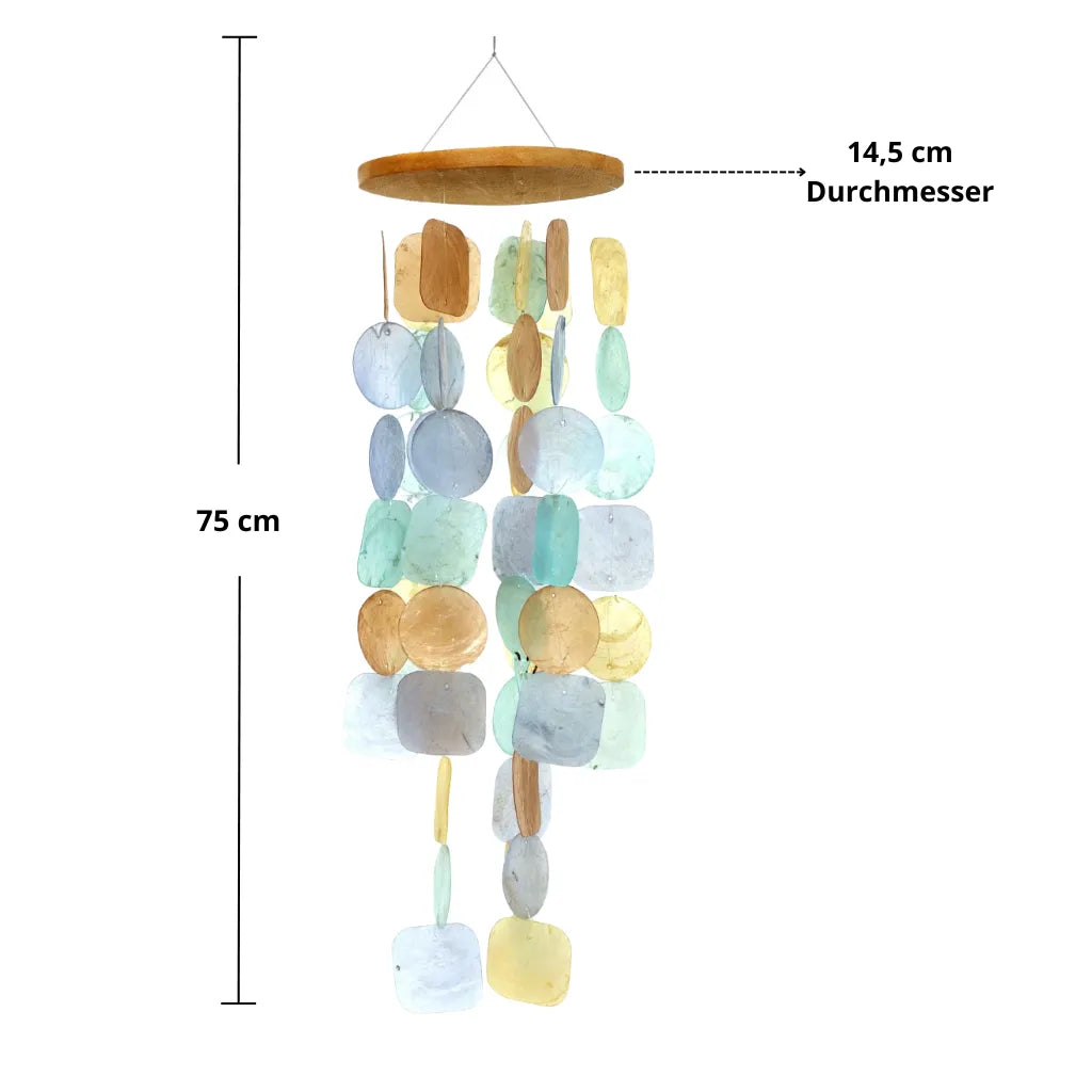 Muschelwindspiel rund Maße: 75cm lang, 14,5cm Durchmesser, mit Capiz-Muscheln.
