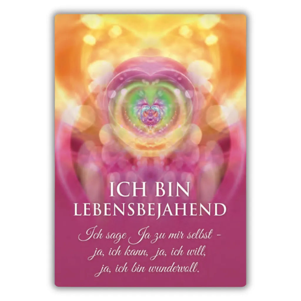 Affirmationskarte "ICH BIN LEBENSBEJAHEND" aus Gaby Shayana Hoffmanns Kartenset. Das Design zeigt ein farbenfrohes, strahlendes Herz und eine positive Botschaft zur Selbstliebe.