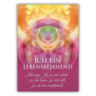 Affirmationskarte "ICH BIN LEBENSBEJAHEND" aus Gaby Shayana Hoffmanns Kartenset. Das Design zeigt ein farbenfrohes, strahlendes Herz und eine positive Botschaft zur Selbstliebe.