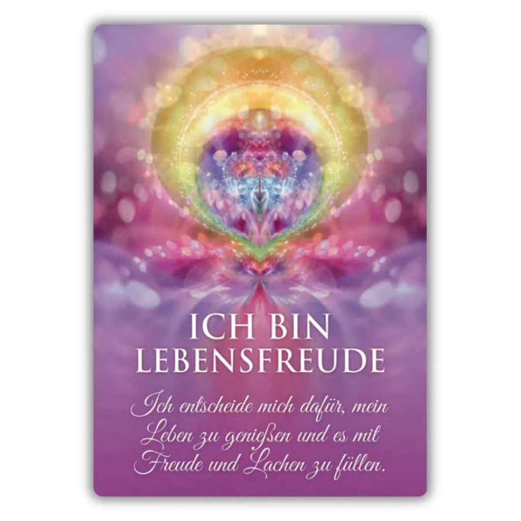 Affirmationskarte "ICH BIN LEBENSFREUDE" aus dem "Ich bin Licht und Liebe" Set. Zeigt ein strahlendes, spiralförmiges Energiebild und motiviert, das Leben mit Freude und Lachen zu füllen.
