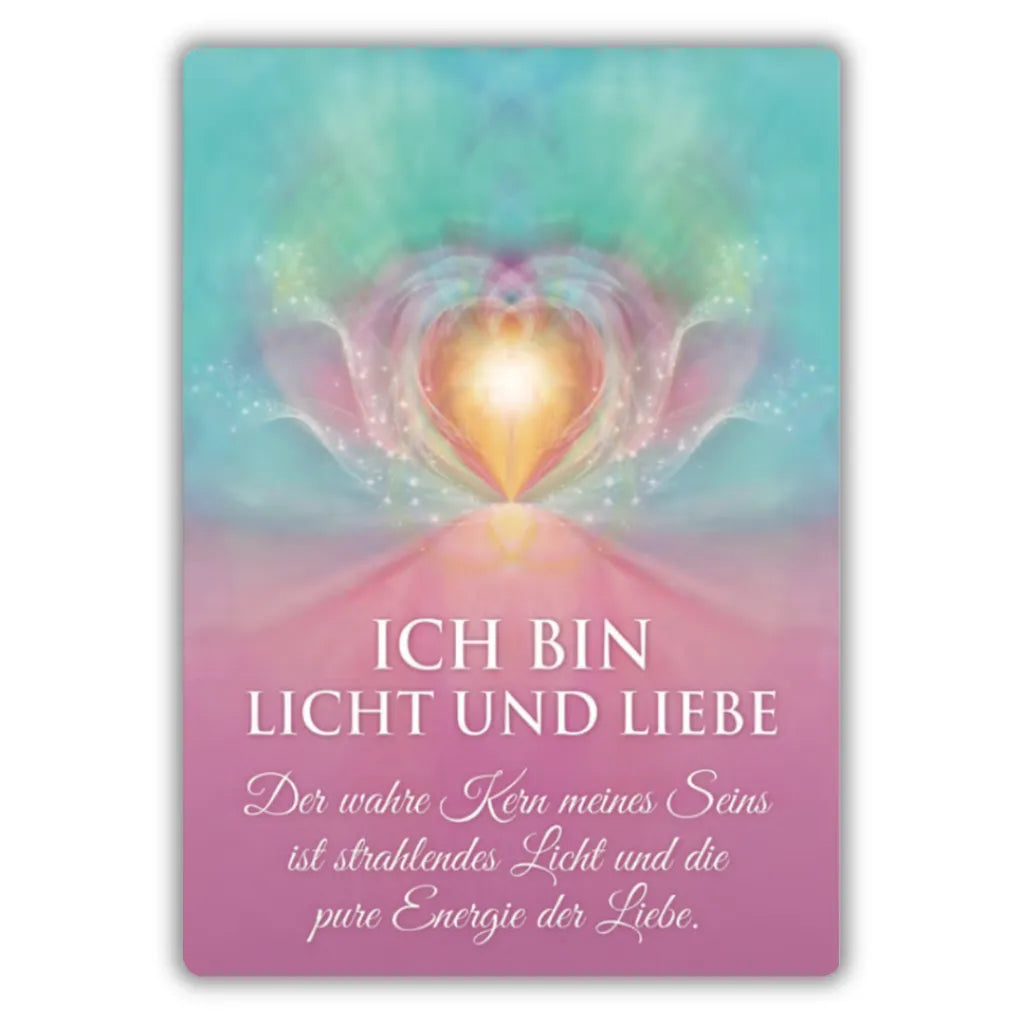 Affirmationskarte "ICH BIN LICHT UND LIEBE" aus dem Set von Gaby Shayana Hoffmann. Die Karte zeigt ein leuchtendes Herz- und Lotusmotiv mit der Botschaft "Erinnere dich an dein wahres Selbst".
