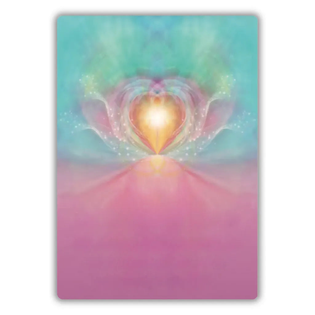 Rückseite der Affirmationskarten aus Gaby Shayana Hoffmanns Set "Ich bin Licht und Liebe". Zeigt ein zentrales, strahlendes Energiebild in Pink und Türkis, das die Essenz des Sets darstellt.