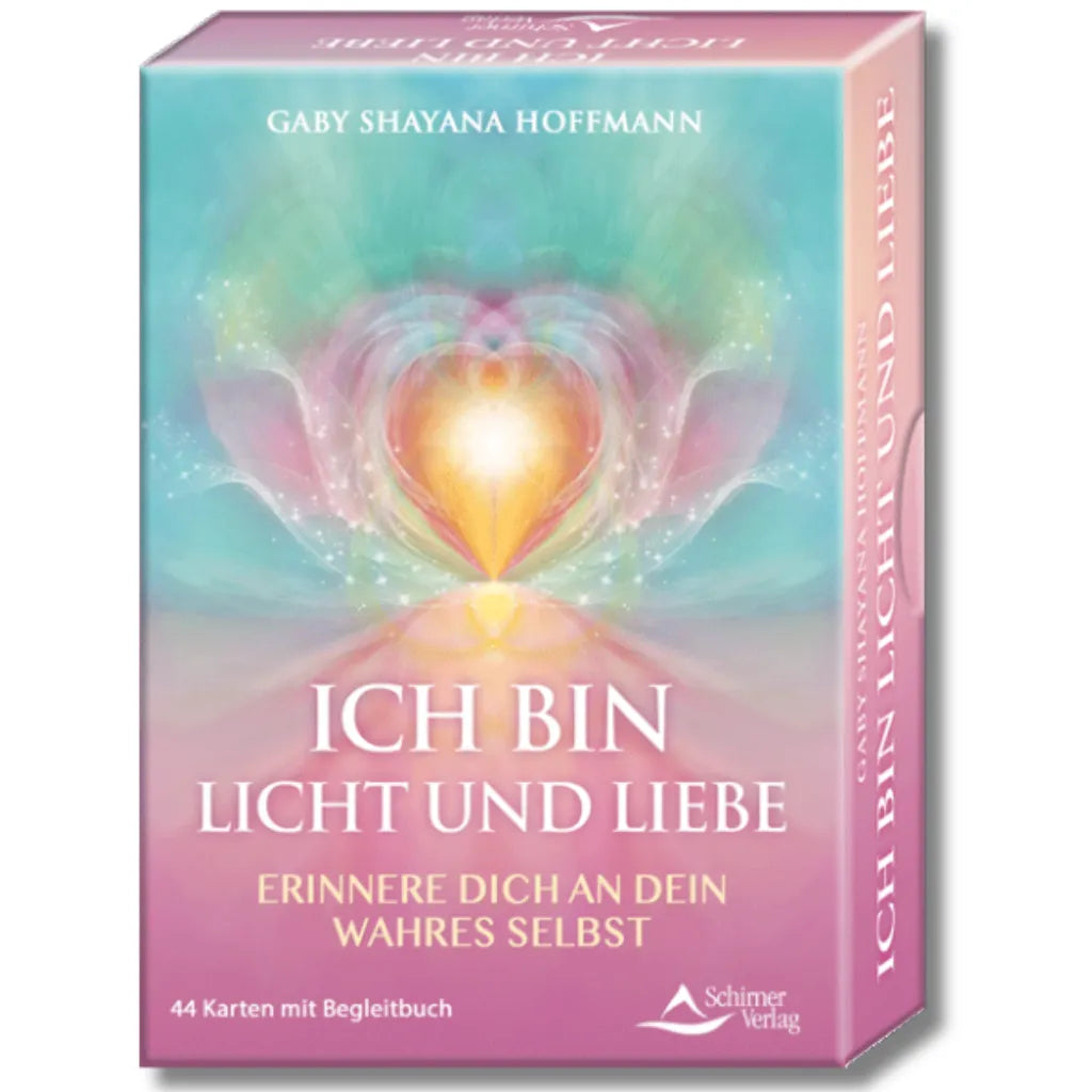 Frontansicht des Kartensets "Ich bin Licht und Liebe" von Gaby Shayana Hoffmann. Die Box zeigt ein strahlendes, lotusförmiges Lichtsymbol, das das wahre Selbst repräsentiert.