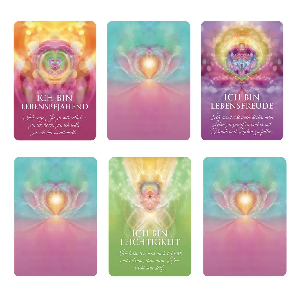 Übersicht mehrerer Affirmationskarten aus dem Set "Ich bin Licht und Liebe": "ICH BIN LEBENSBEJAHEND", "ICH BIN LICHT UND LIEBE", "ICH BIN LEBENSFREUDE" und "ICH BIN LEICHTIGKEIT" zeigen die Vielfalt der Botschaften.