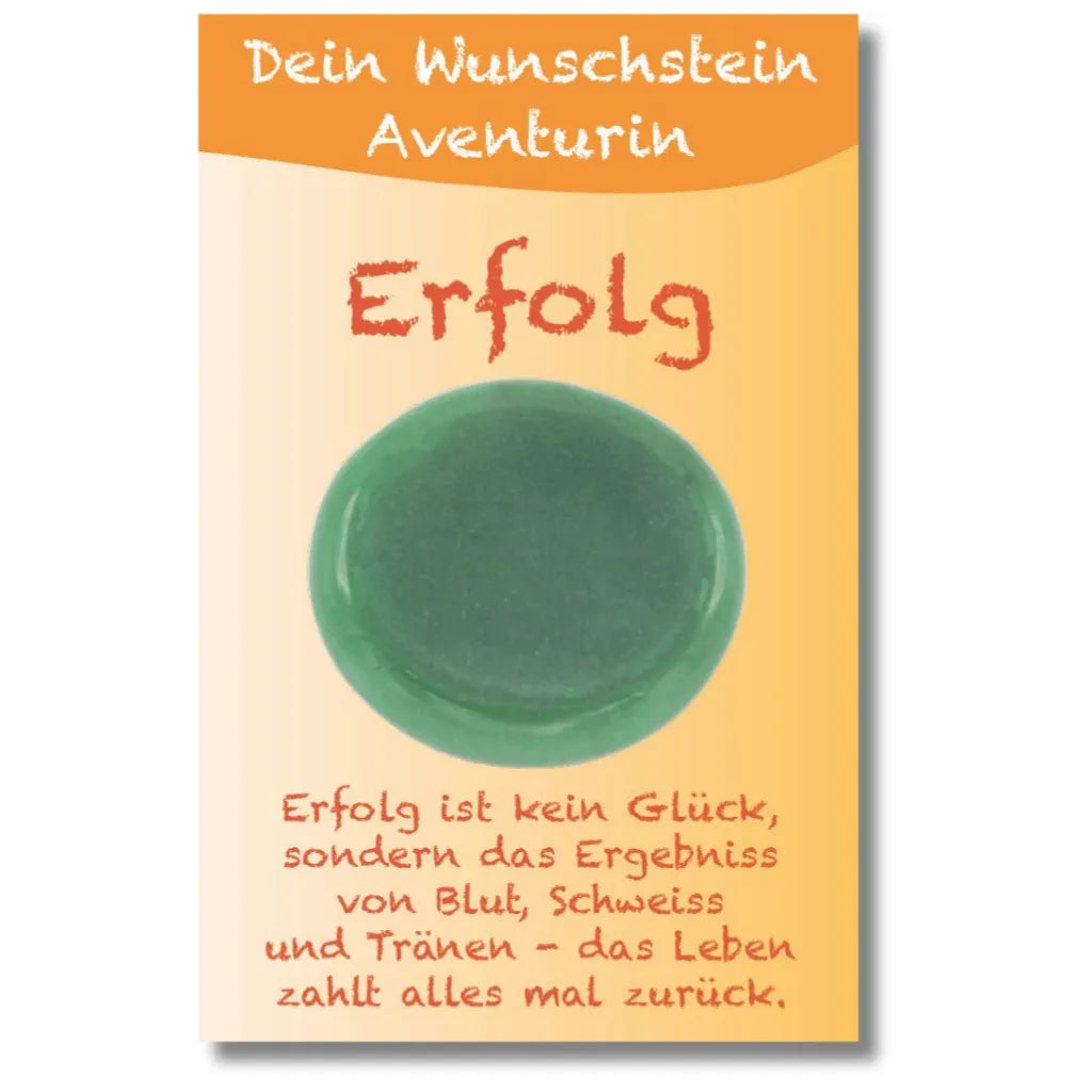 Grüner Aventurin Wunschstein auf Karte für Erfolg, mit Spruch "Erfolg ist kein Glück...".