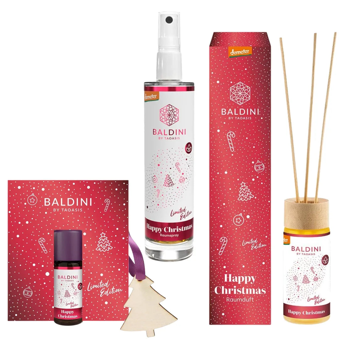 Baldini Happy Christmas Duftkollektion: Raumspray, Raumduft-Set & Mini-Duftset. Demeter-Qualität mit Orange, Weißtanne, Nelke für festliche Wärme.