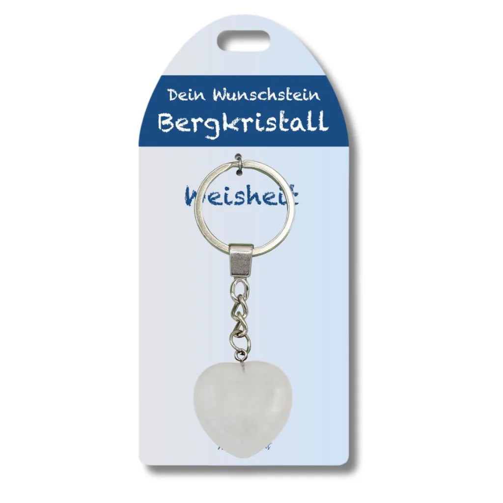 Weißer Bergkristall Herz Schlüsselanhänger auf Karte für Weisheit. Edelstein Glücksbringer für unterwegs.