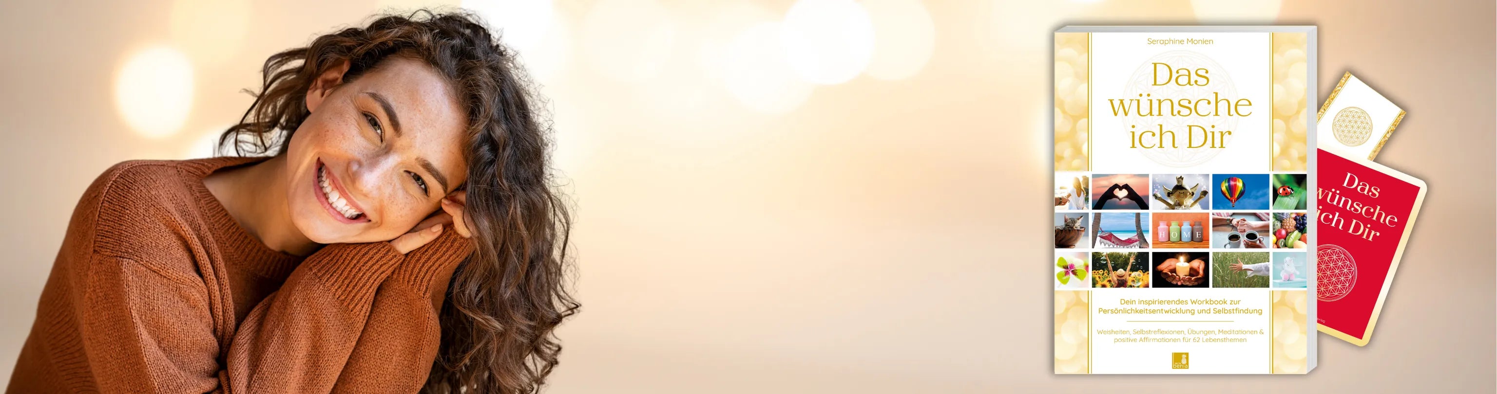 Lachende Frau und daneben das Workbook „Das wünsche ich dir“ von Seraphine Monien.