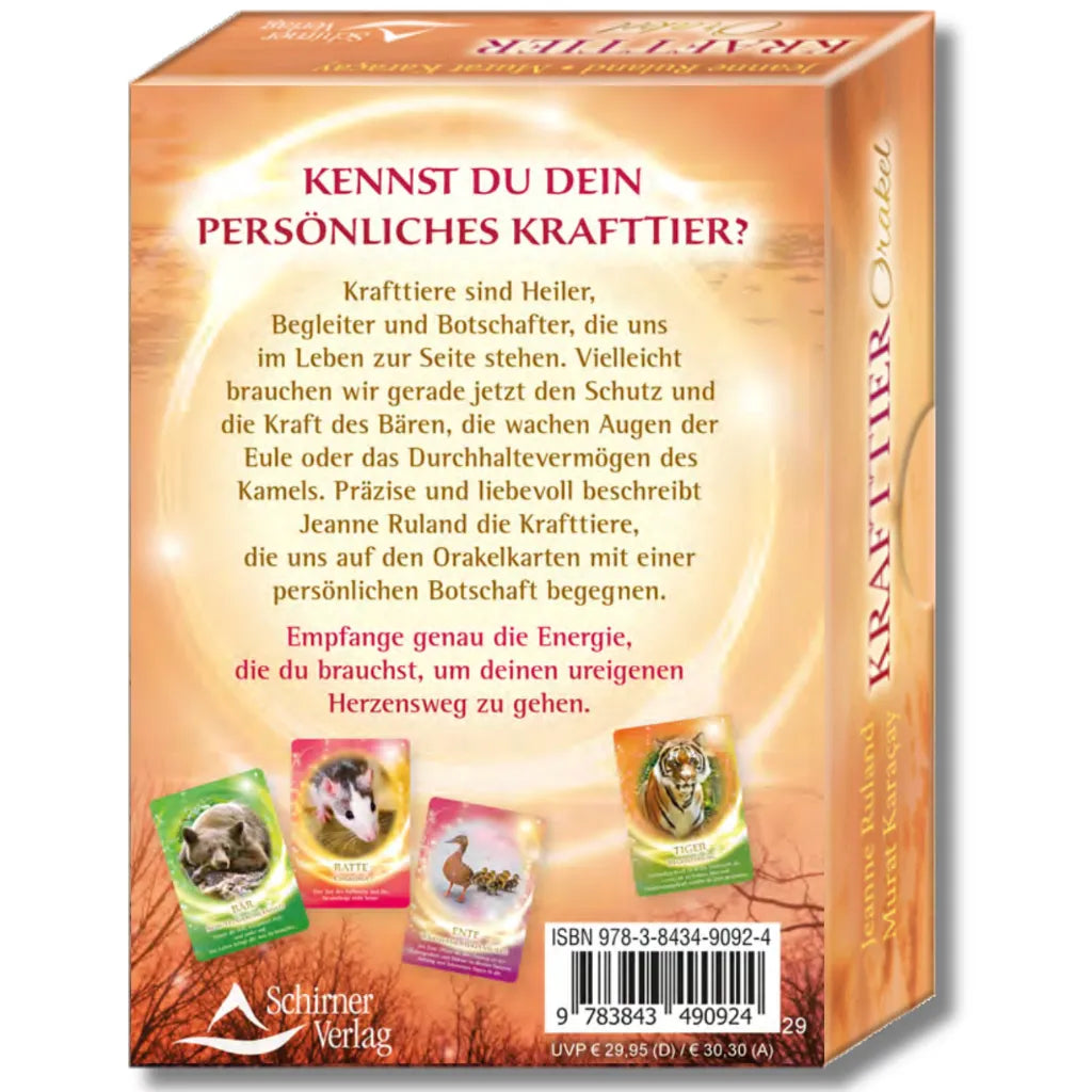 Rückseite des "Krafttier Orakel" von Jeanne Ruland. Beschreibt die Bedeutung von Krafttieren, die Inhalte des Sets, ISBN-Nummer und erwähnt Spiegel Bestseller-Autorin.
