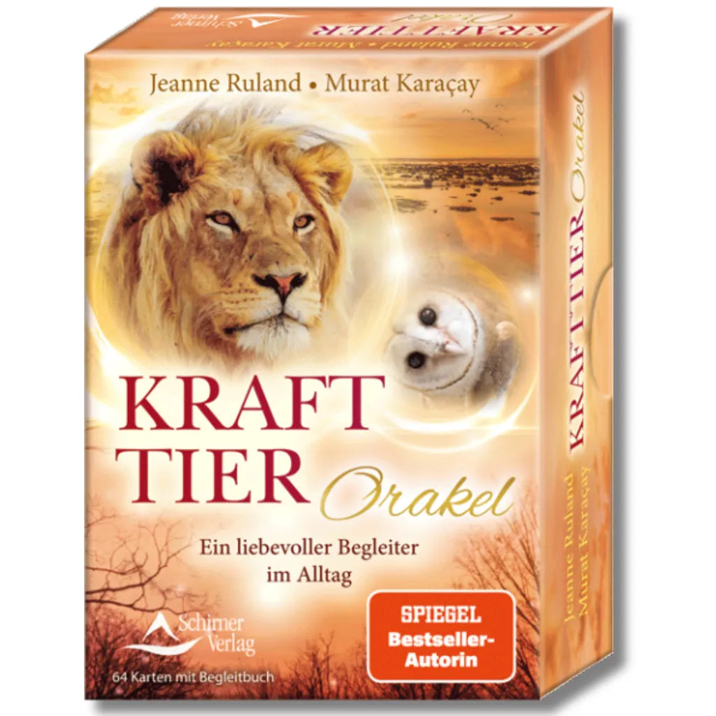 Frontansicht des "Krafttier Orakel" Kartensets von Jeanne Ruland und Murat Karaçay. Die Box zeigt einen majestätischen Löwen und eine weise Eule, symbolisch für die Krafttiere. Inkl. 64 Karten und Begleitbuch.