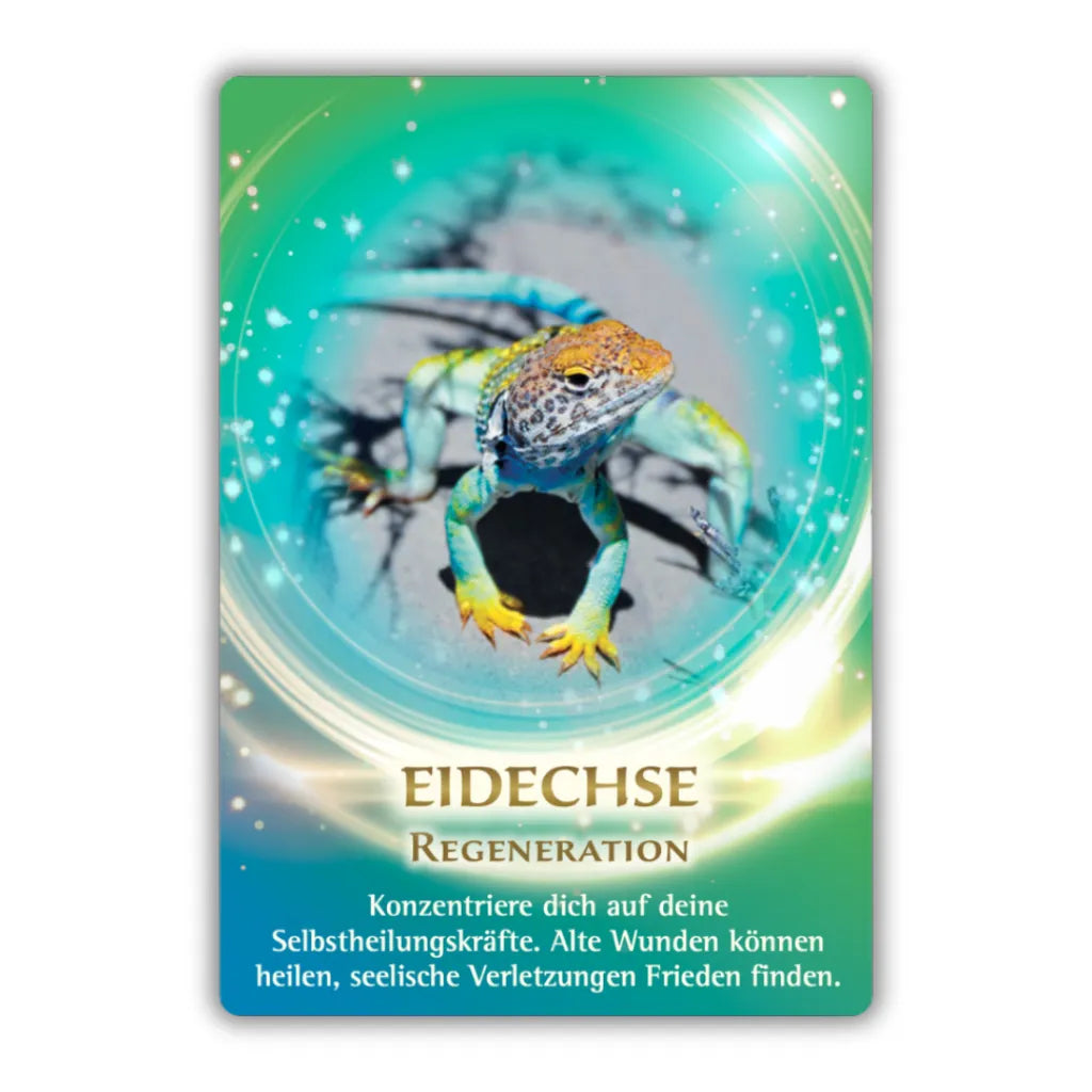 Orakelkarte "Eidechse - Regeneration" aus dem Krafttier-Orakel von Jeanne Ruland. Eine leuchtend grüne Eidechse mit der Botschaft "Konzentriere dich auf deine Selbstheilungskräfte".