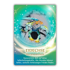 Orakelkarte "Eidechse - Regeneration" aus dem Krafttier-Orakel von Jeanne Ruland. Eine leuchtend grüne Eidechse mit der Botschaft "Konzentriere dich auf deine Selbstheilungskräfte".