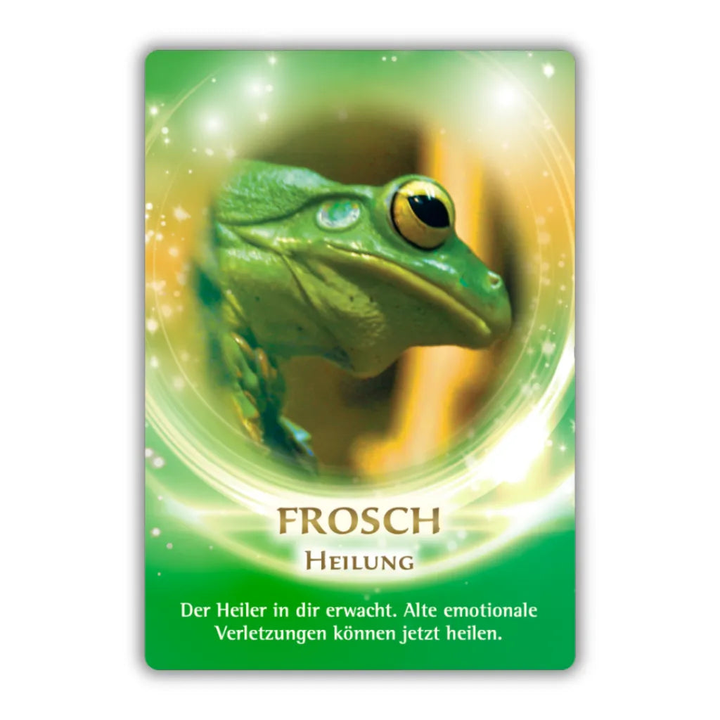 Orakelkarte "Frosch - Heilung" aus dem Krafttier-Orakel von Jeanne Ruland. Zeigt einen grünen Frosch und die Botschaft, dass alte emotionale Verletzungen heilen können.