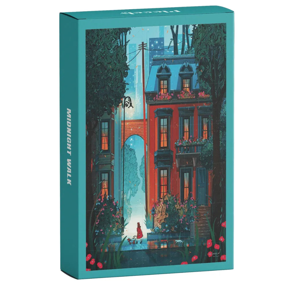 Piecely Minipuzzle 99 Teile "Midnight Walk" Produktverpackung. Zeigt ein stimmungsvolles Nachtmotiv mit beleuchtetem Haus, Bäumen und einer Person auf der Straße.