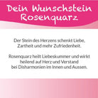 Textkarte zum Rosenquarz Wunschstein: "Der Stein des Herzens schenkt Liebe, Zartheit." Bedeutung.
