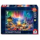 Verpackung des 1000-Teile Schmidt Puzzles mit einem winterlichen Motiv: Leuchtende Polarlichter, eine gemütliche Blockhütte und zwei Personen am Lagerfeuer.