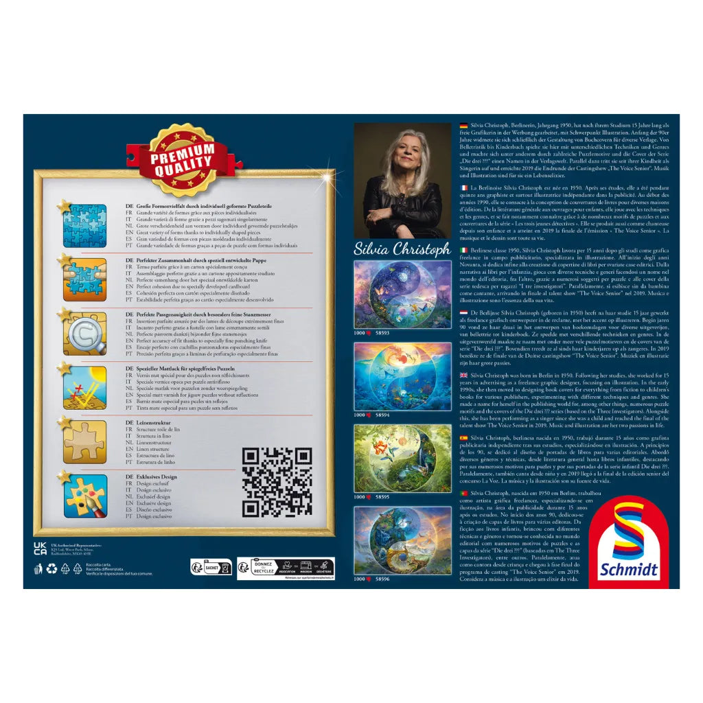 Rückseite der Schmidt Puzzle 1000 "Im Wald der Kolibris". Enthält Qualitätsmerkmale, QR-Code und ausführliche Informationen zur Künstlerin Silvia Christoph sowie weitere Puzzle-Ansichten.
