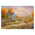 Thomas Kinkade Puzzle-Motiv 'Autumn at Apple Hill': Eine malerische Herbstlandschaft mit einem gemütlichen weißen Landhaus, bunten Bäumen und vielen reifen Kürbissen im Vorgarten.