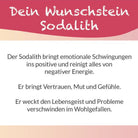 Textkarte zum Sodalith Wunschstein: "Der Sodalith bringt emotionale Schwingungen ins Positive." Bedeutung.